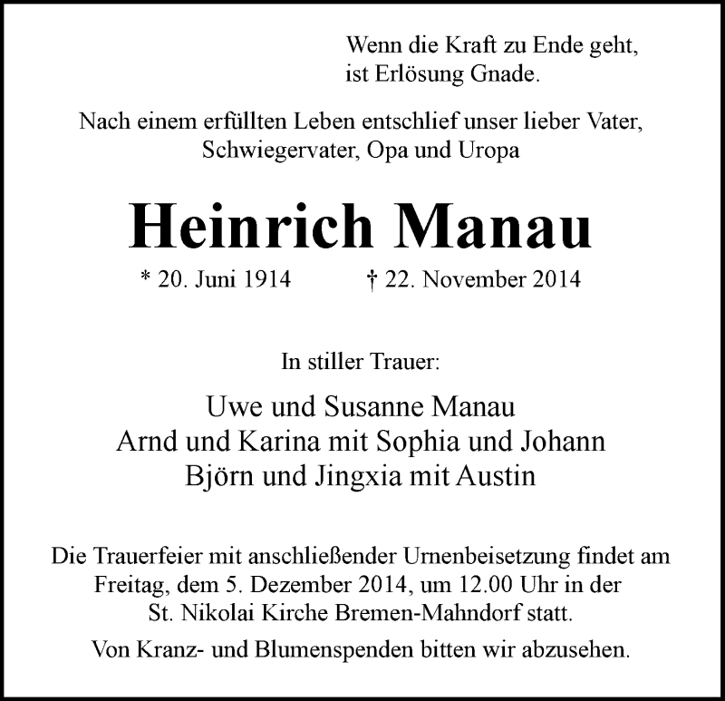 Traueranzeige von Heinrich Manau von WESER-KURIER