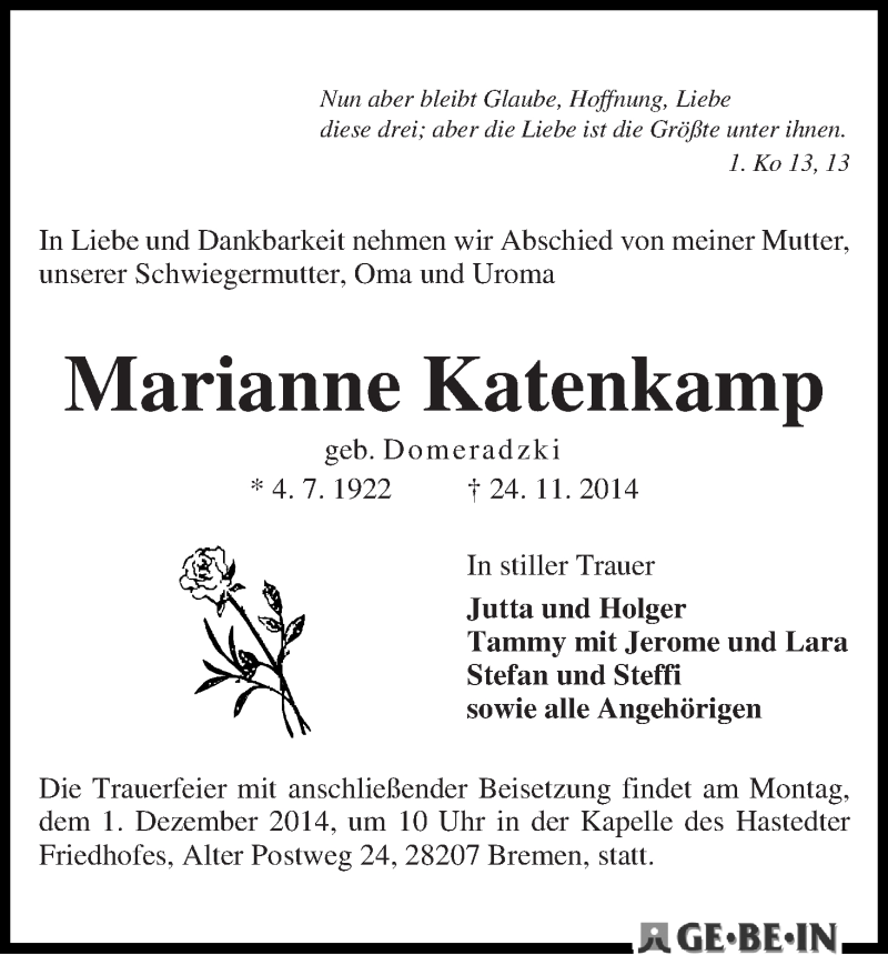 Traueranzeige von Marianne Katenkamp von WESER-KURIER