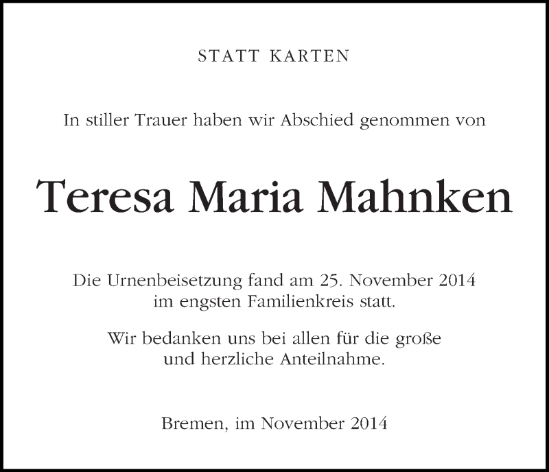 Traueranzeige von Teresa Maria Mahnken von WESER-KURIER