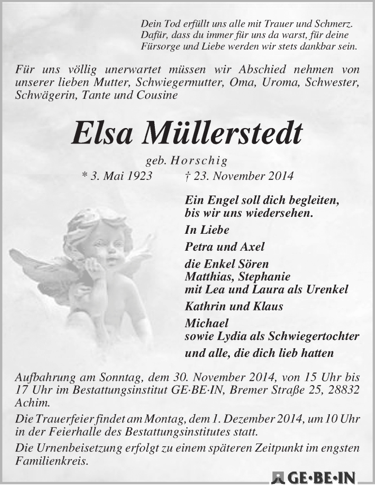 Traueranzeige von Elsa Müllerstedt von WESER-KURIER