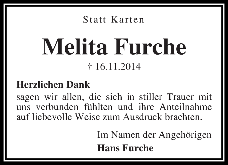 Traueranzeige von Melita Furche von WESER-KURIER