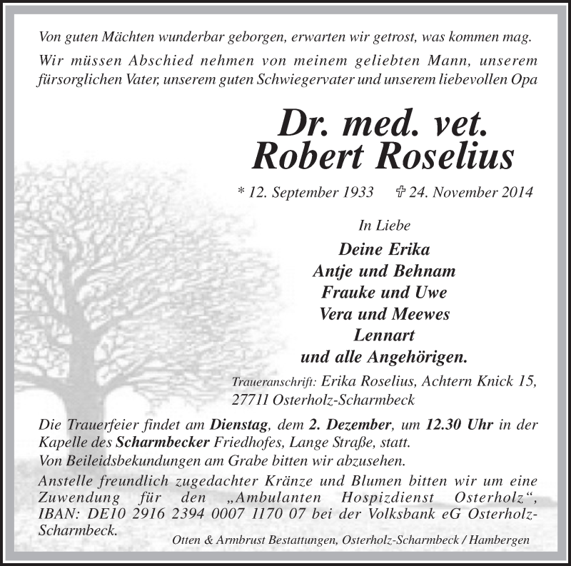  Traueranzeige für Robert Roselius vom 28.11.2014 aus Osterholzer Kreisblatt