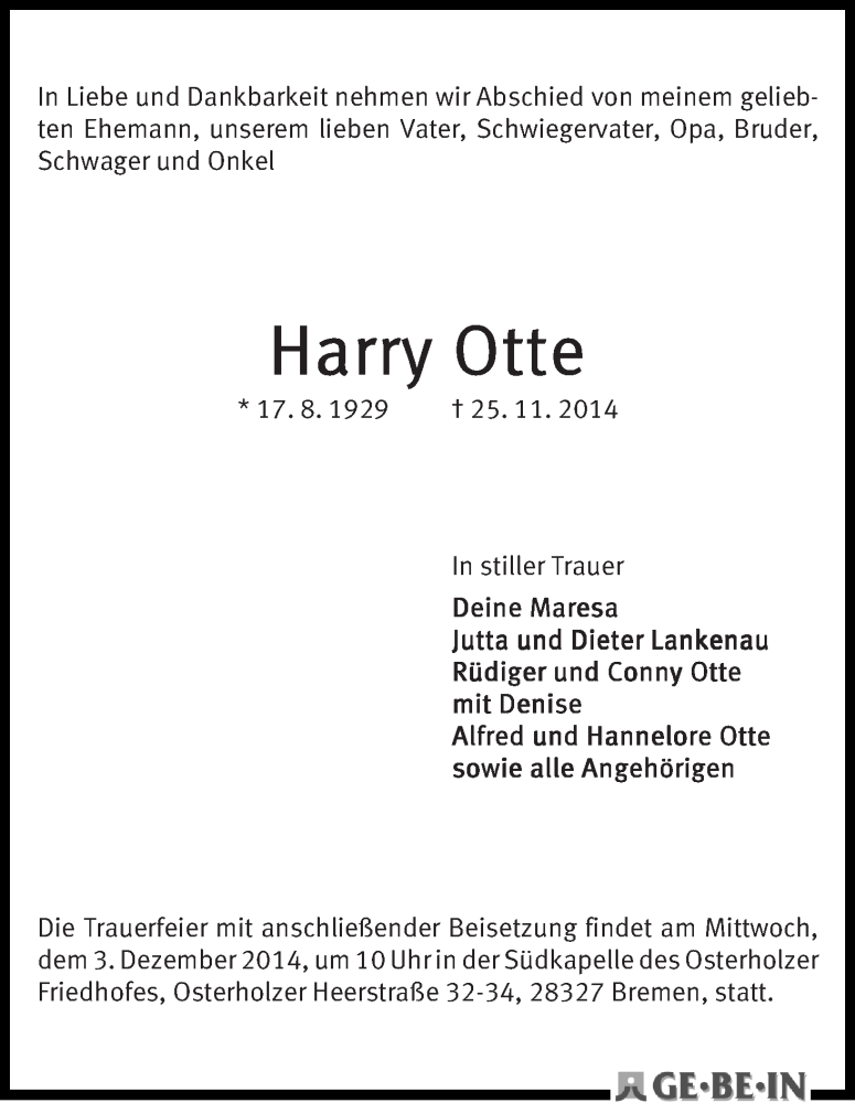 Traueranzeige von Harry Otte von Die Norddeutsche