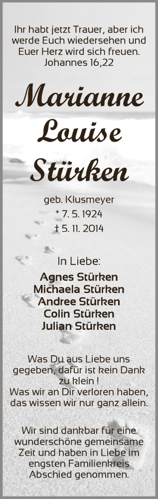  Traueranzeige für Marianne Louise Stürken vom 29.11.2014 aus Regionale Rundschau/Syker Kurier