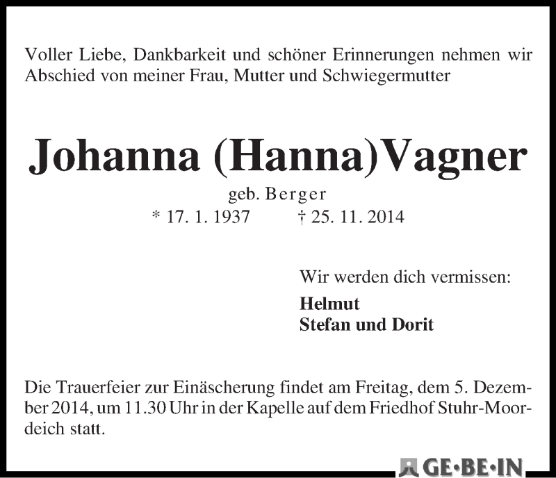  Traueranzeige für Johanna (Hanna) Vagner vom 29.11.2014 aus WESER-KURIER