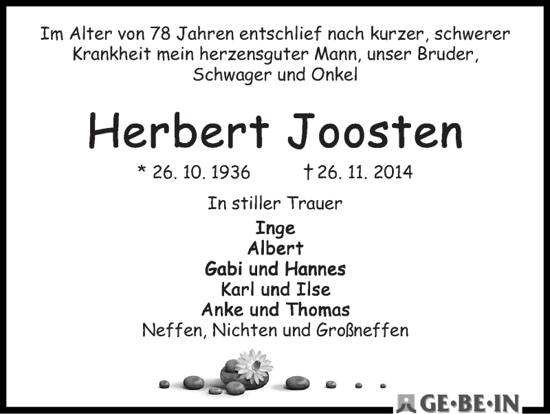 Traueranzeige von Herbert Joosten von WESER-KURIER