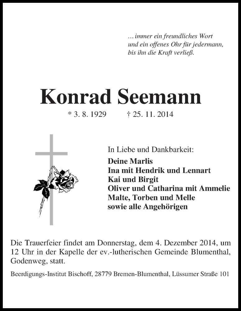 Traueranzeige von Konrad Seemann von Die Norddeutsche