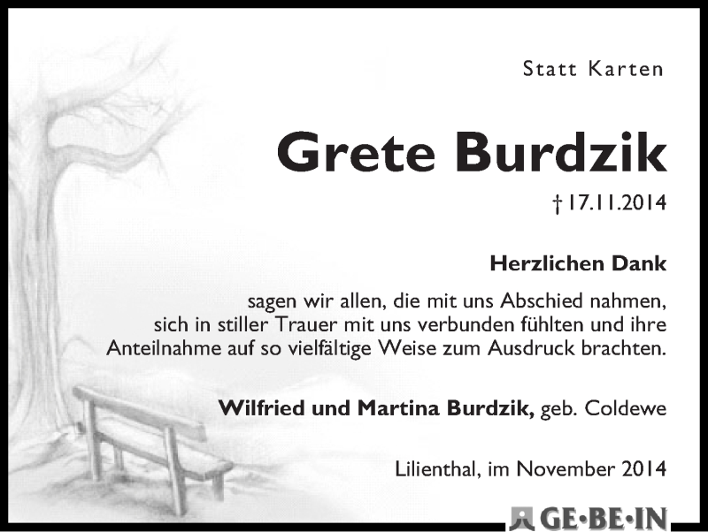 Traueranzeige von Grete Burdzik von WESER-KURIER
