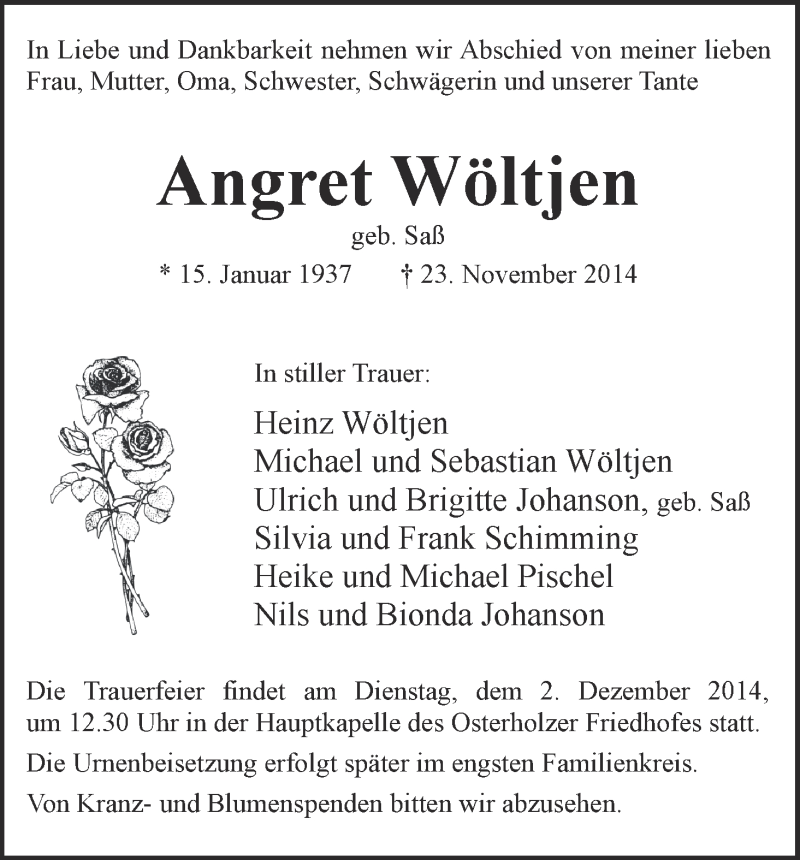 Traueranzeige von Angret Wöltjen von WESER-KURIER