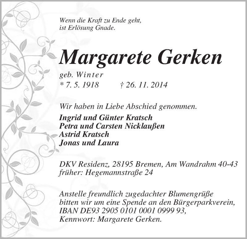 Traueranzeige von Margarete Gerken von WESER-KURIER