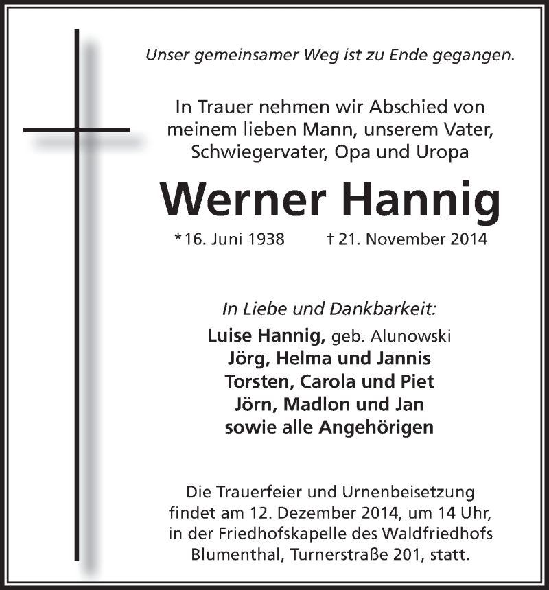 Traueranzeige von Werner Hanning von WESER-KURIER