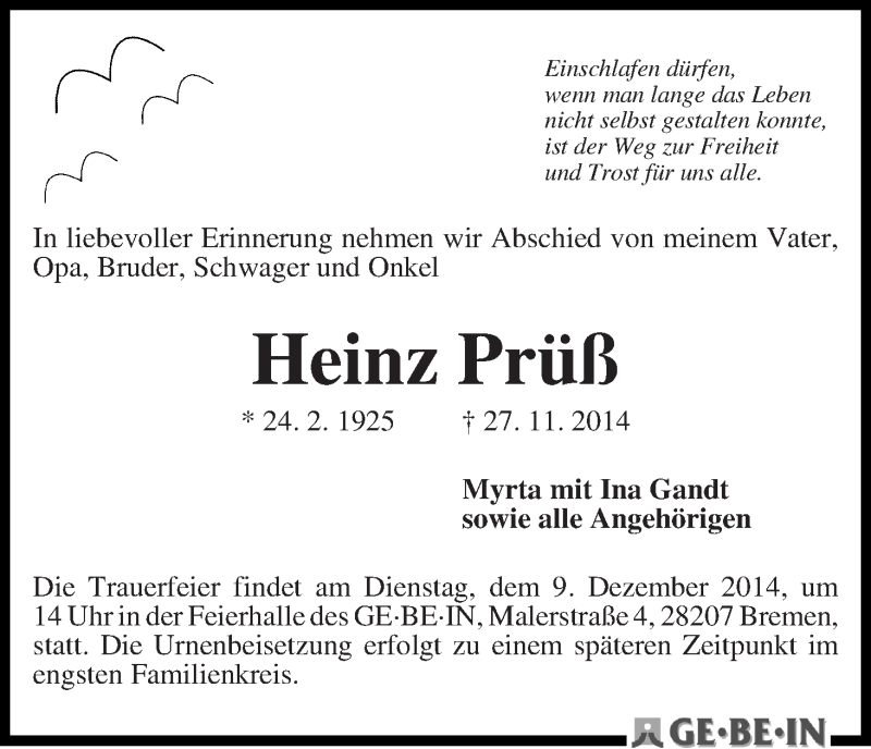 Traueranzeige von Heinz Prüß von WESER-KURIER