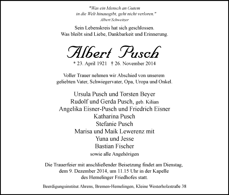 Traueranzeige von Albert Pusch von WESER-KURIER