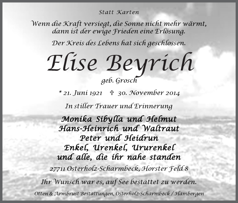 Traueranzeige von Elise Beyrich von Osterholzer Kreisblatt