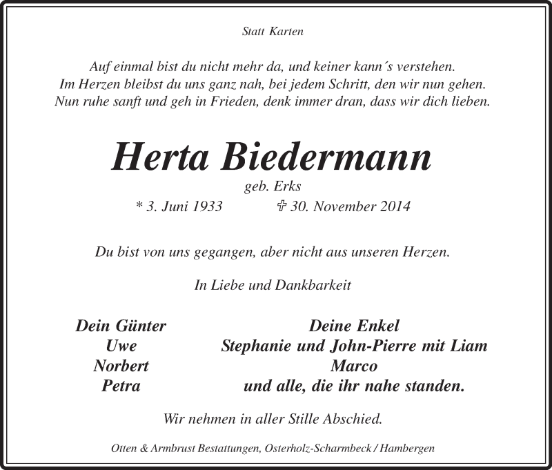 Traueranzeige von Herta Biedermann von Osterholzer Kreisblatt