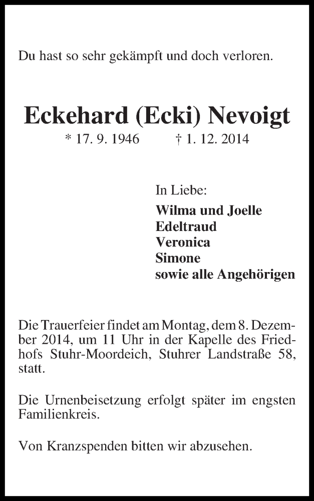 Traueranzeige von Eckehard (Ecki) Nevoigt von WESER-KURIER