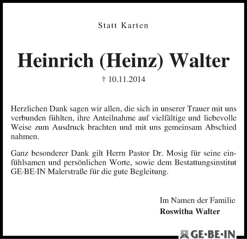Traueranzeige von Heinrich (Heinz) Walter von WESER-KURIER
