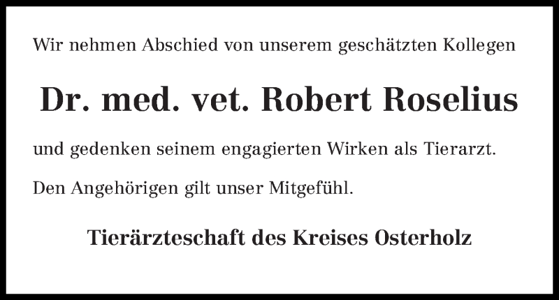  Traueranzeige für Robert Roselius vom 04.12.2014 aus Osterholzer Kreisblatt