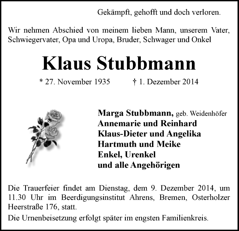 Traueranzeige von Klaus Stubbmann von WESER-KURIER