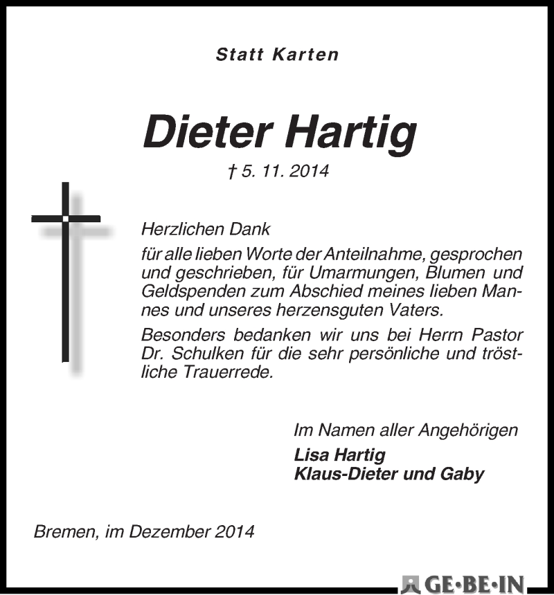 Traueranzeige von Dieter Hartig von WESER-KURIER
