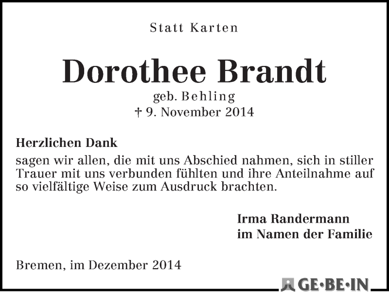 Traueranzeige von Drothee Brandt von WESER-KURIER