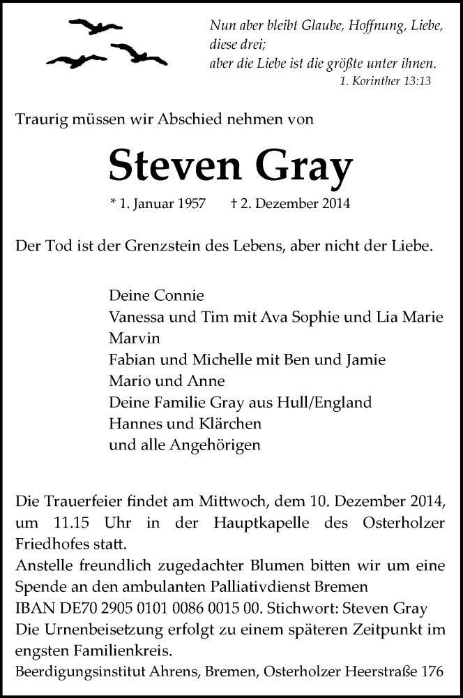 Traueranzeige von Steven Gray von WESER-KURIER