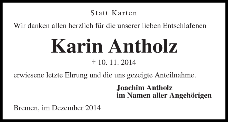 Traueranzeige von Karin Antholz von WESER-KURIER