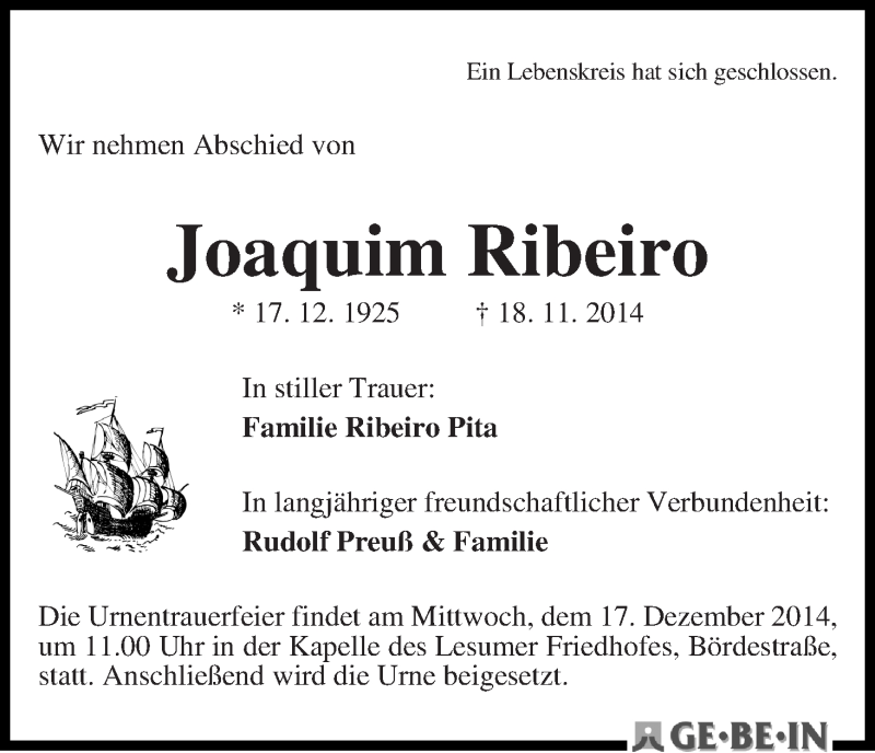 Traueranzeige von Joaquim Ribeiro von WESER-KURIER