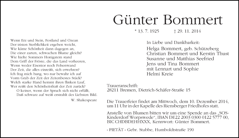  Traueranzeige für Günter Bommert vom 06.12.2014 aus WESER-KURIER