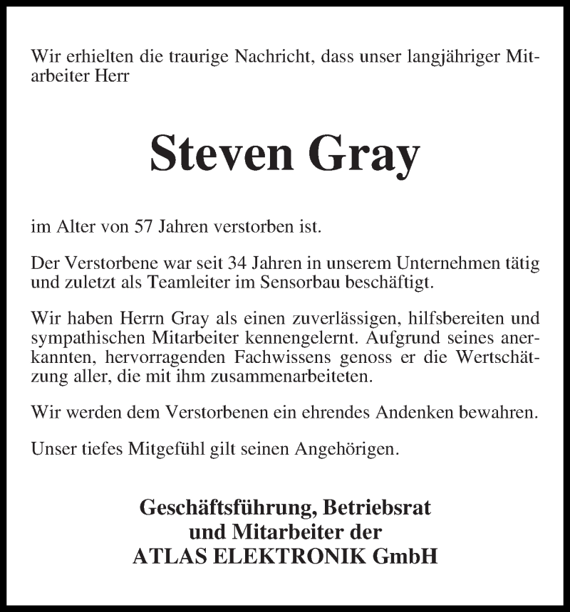 Traueranzeige von Steven Gray von WESER-KURIER