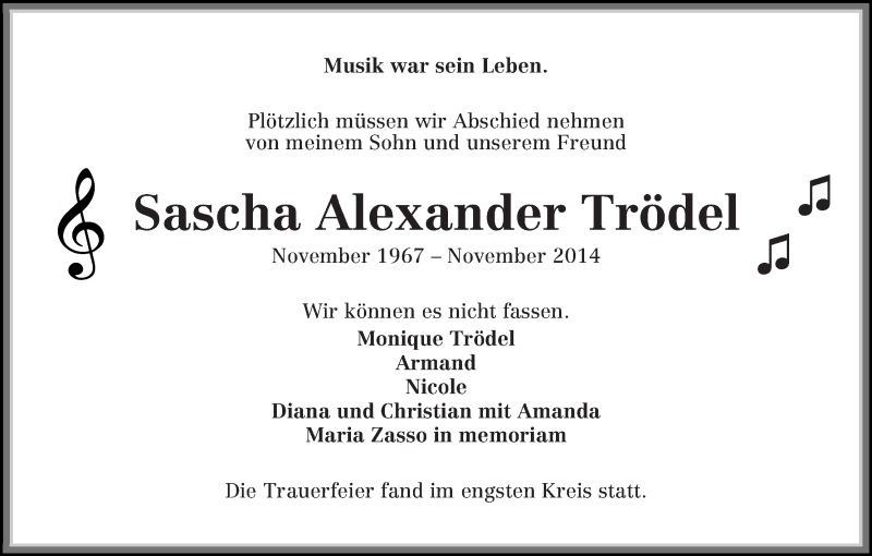  Traueranzeige für Sascha Alexander Trödel vom 12.12.2014 aus WESER-KURIER