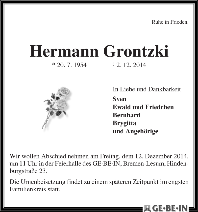 Traueranzeige von Hermann Grontzki von WESER-KURIER