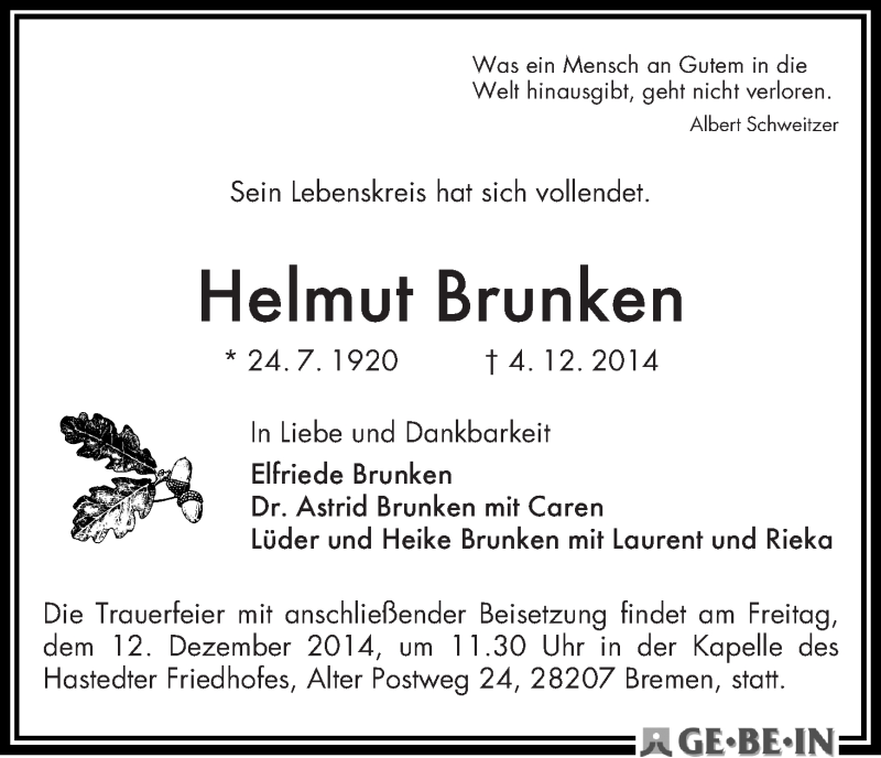Traueranzeige von Helmut Brunken von WESER-KURIER
