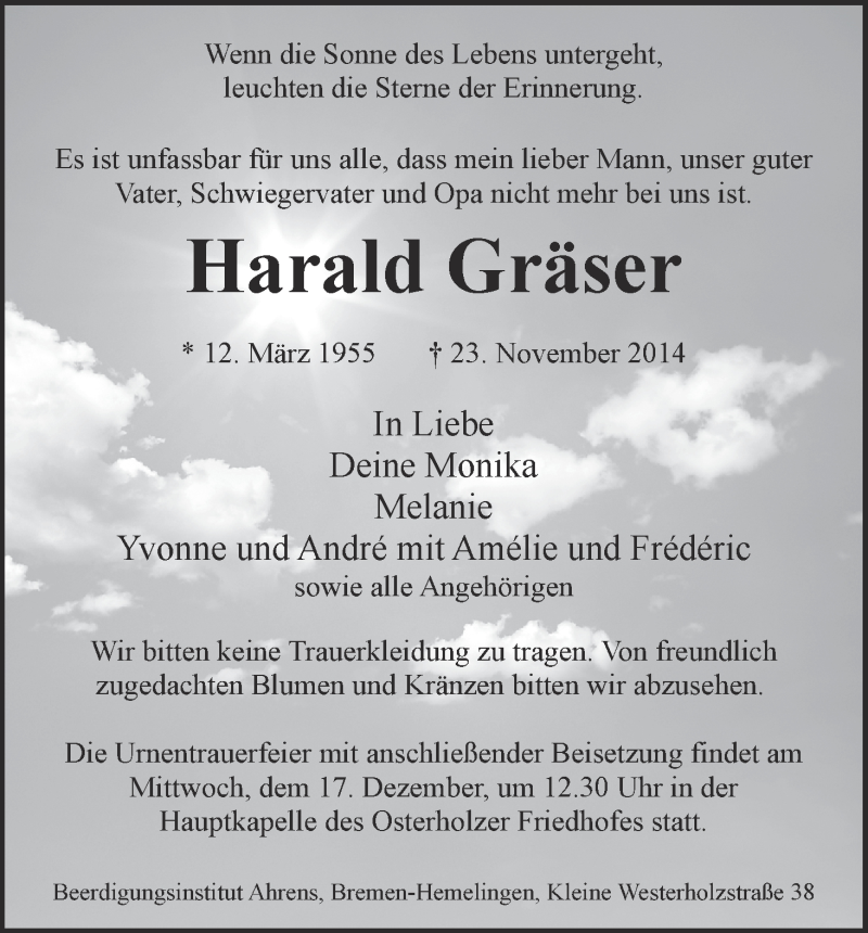 Traueranzeige von Harald Gräser von WESER-KURIER