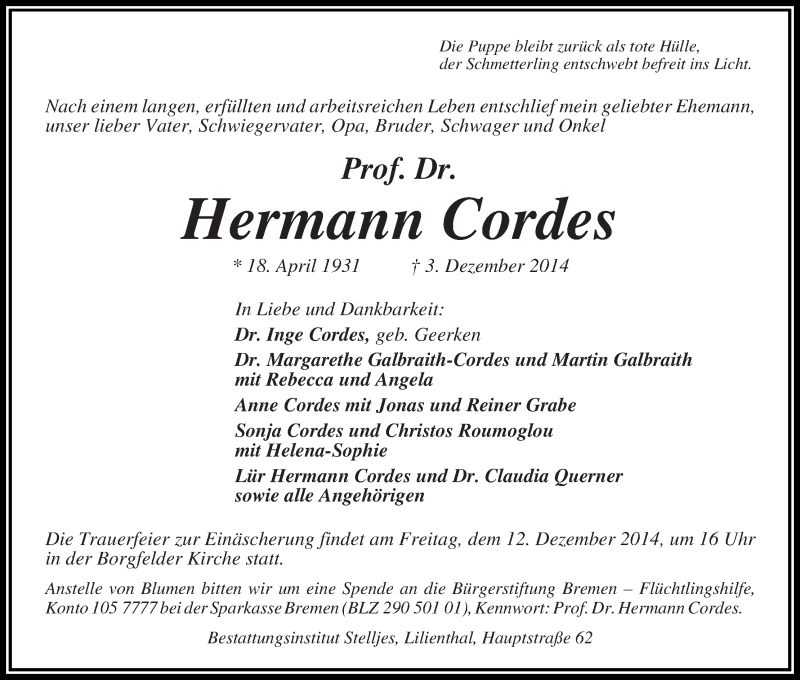  Traueranzeige für Hermann Cordes vom 08.12.2014 aus WESER-KURIER