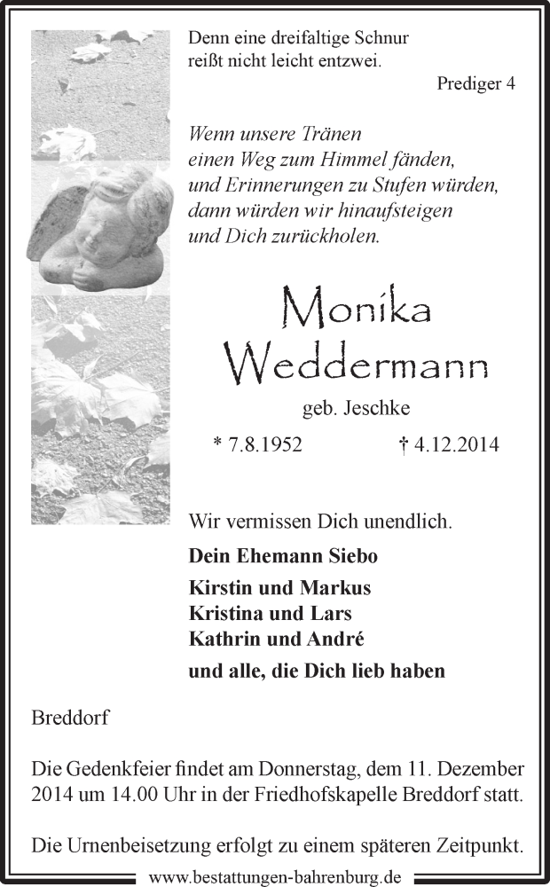  Traueranzeige für Monika Weddermann vom 08.12.2014 aus WESER-KURIER