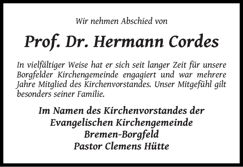  Traueranzeige für Hermann Cordes vom 08.12.2014 aus Wuemme Zeitung