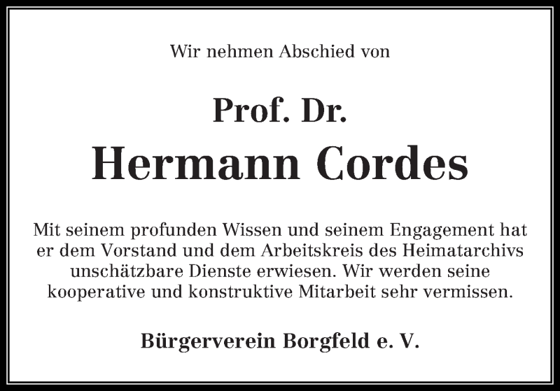  Traueranzeige für Hermann Cordes vom 09.12.2014 aus Wuemme Zeitung