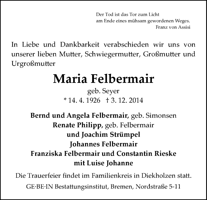Traueranzeige von Maria Felbermair von WESER-KURIER