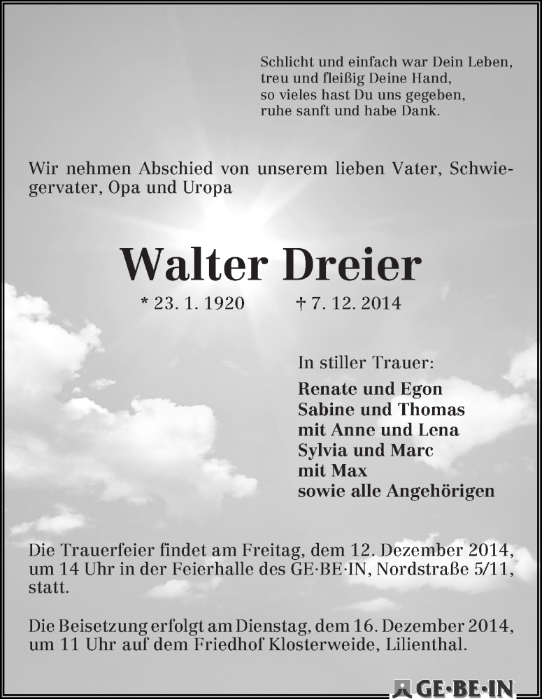  Traueranzeige für Walter Dreier vom 10.12.2014 aus Wuemme Zeitung