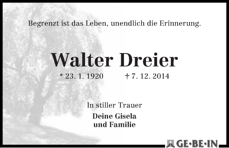  Traueranzeige für Walter Dreier vom 10.12.2014 aus WESER-KURIER