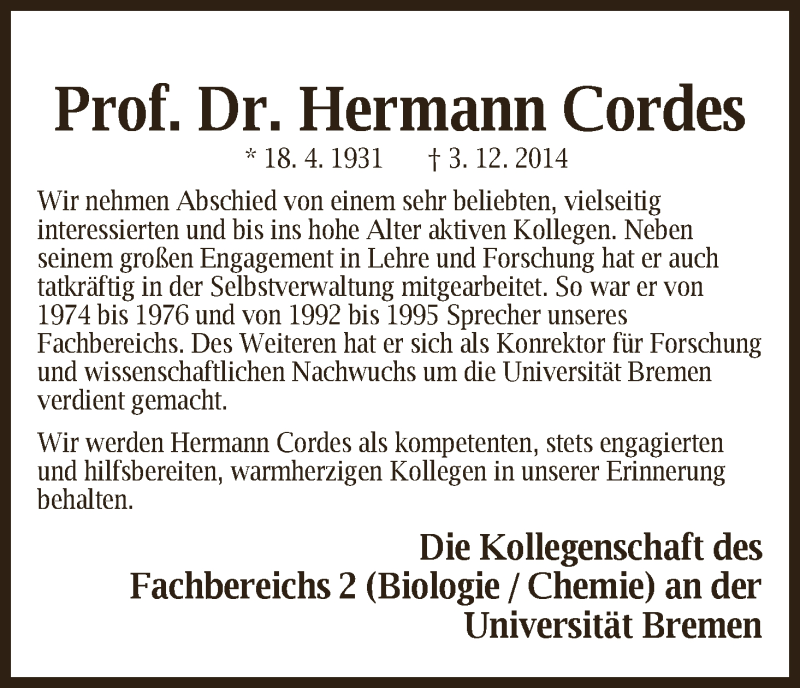  Traueranzeige für Hermann Cordes vom 10.12.2014 aus WESER-KURIER