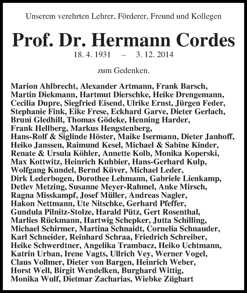  Traueranzeige für Hermann Cordes vom 10.12.2014 aus WESER-KURIER
