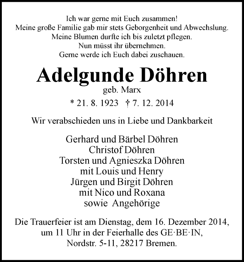 Traueranzeige von Adelgunde Döhren von WESER-KURIER