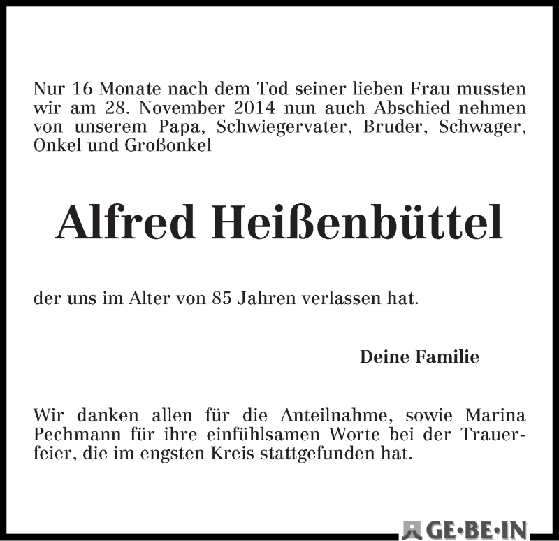Traueranzeige von Alfred Heißenbüttel von WESER-KURIER