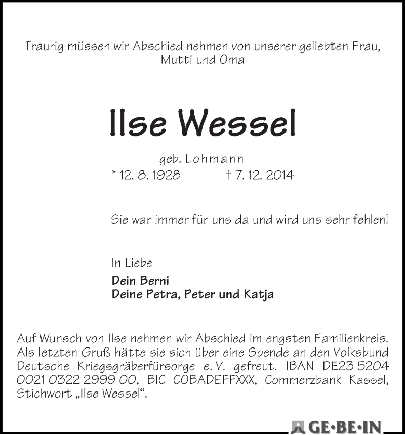 Traueranzeige von Ilse Wessel von WESER-KURIER