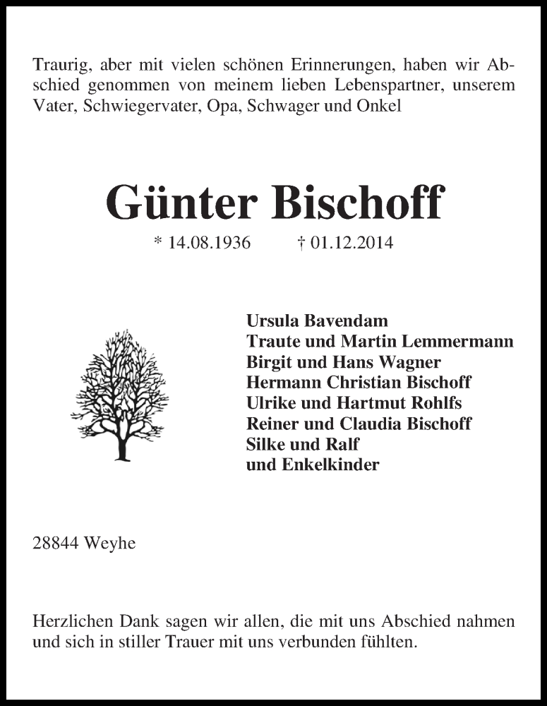  Traueranzeige für Günter Bischoff vom 15.12.2014 aus Regionale Rundschau/Syker Kurier