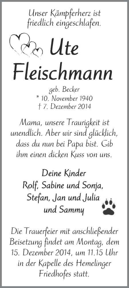 Traueranzeige von Ute Fleischmann von WESER-KURIER