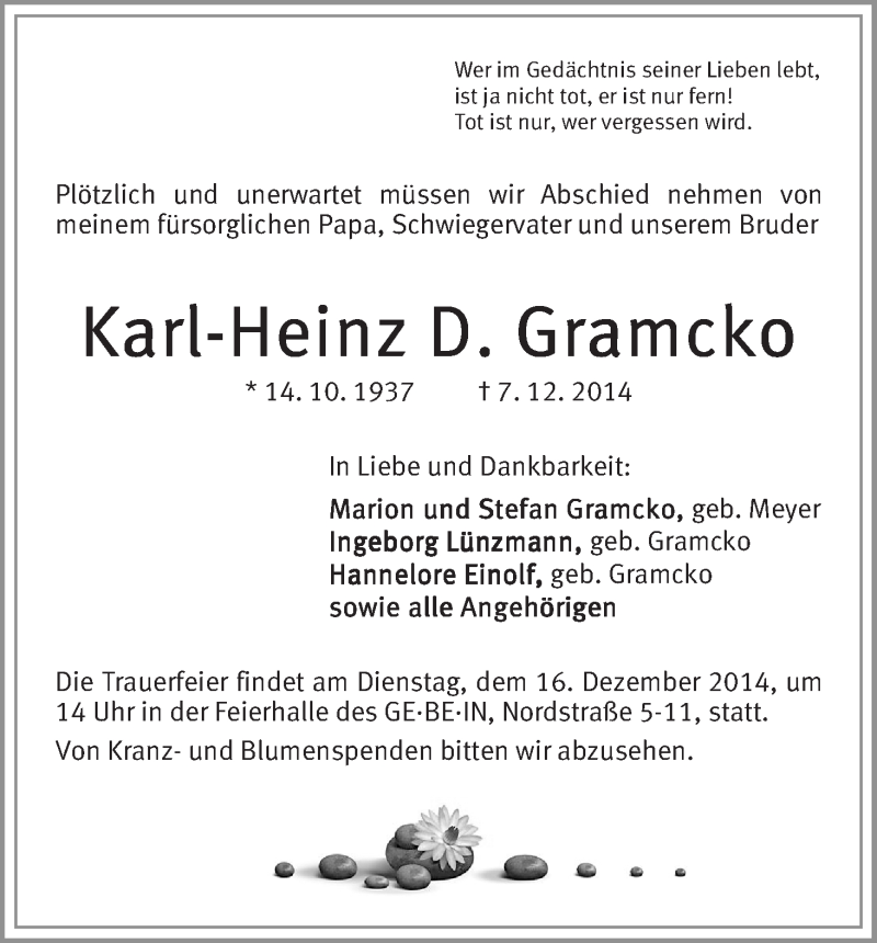 Traueranzeige von Karl-Heinz D. Gramcko von WESER-KURIER
