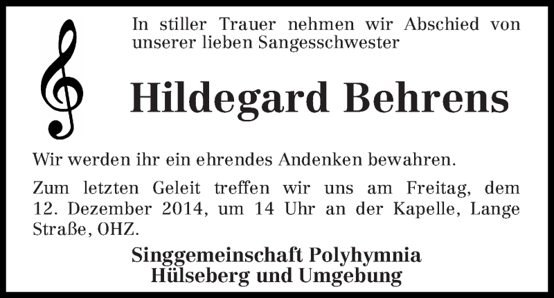 Traueranzeige von Hildegard Behrens von Osterholzer Kreisblatt